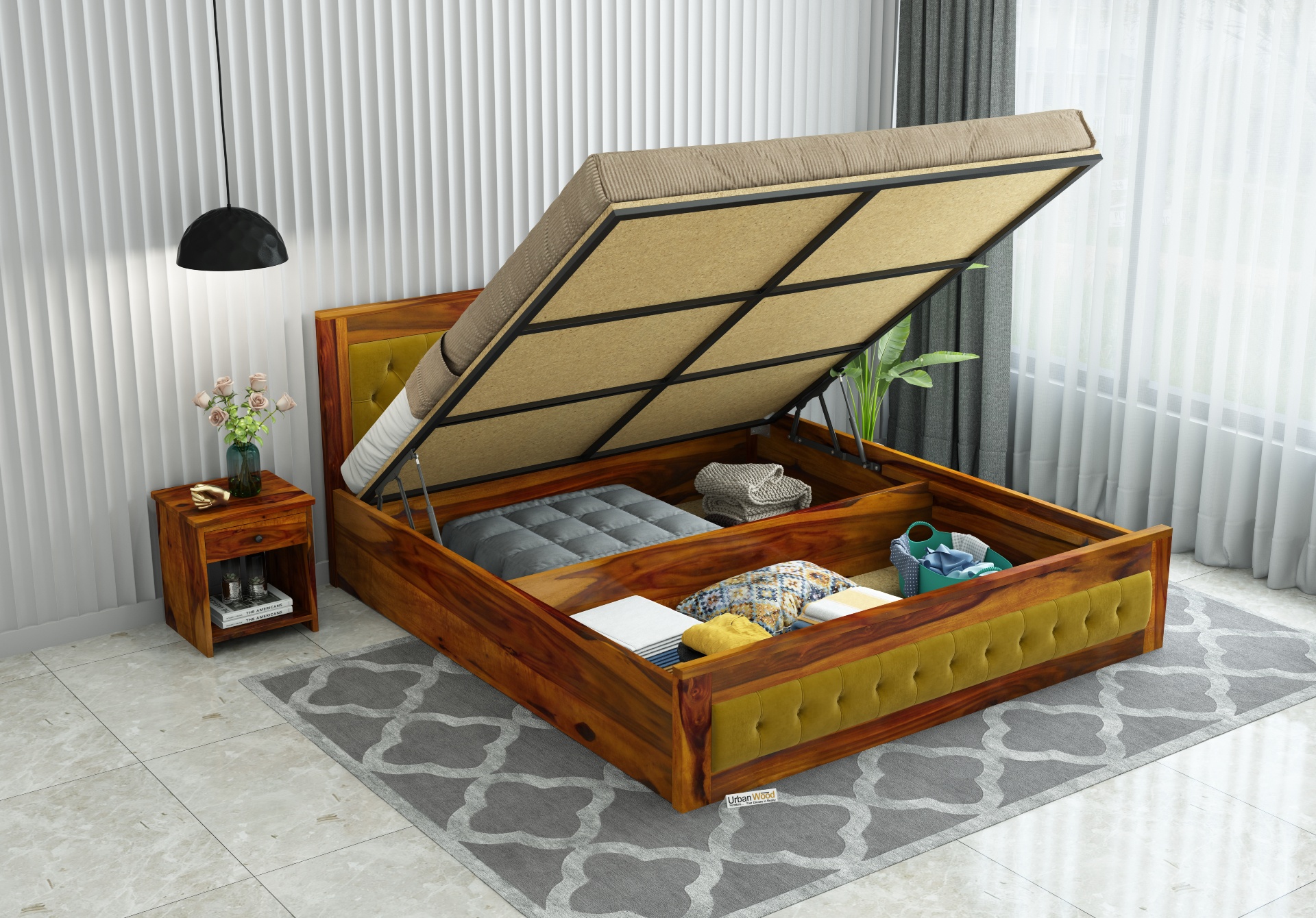 Wooden bed with hydraulic storage discount